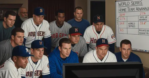 A group of baseball players in jerseys gathers around a television, focused on a presentation about World Series statistics.